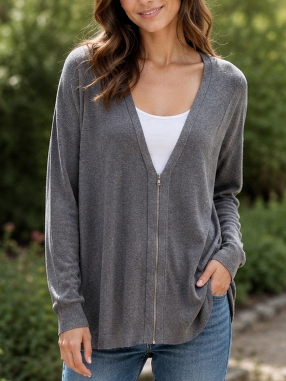 Eileen Fisher Half Zip Up Soft Thin Gray Sweater Size M Viscose Low V Neck